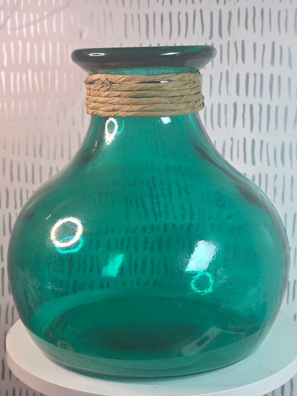 Teal Recycled Glass Vase Jute Rope Neck Coastal Farmhouse 8.5"